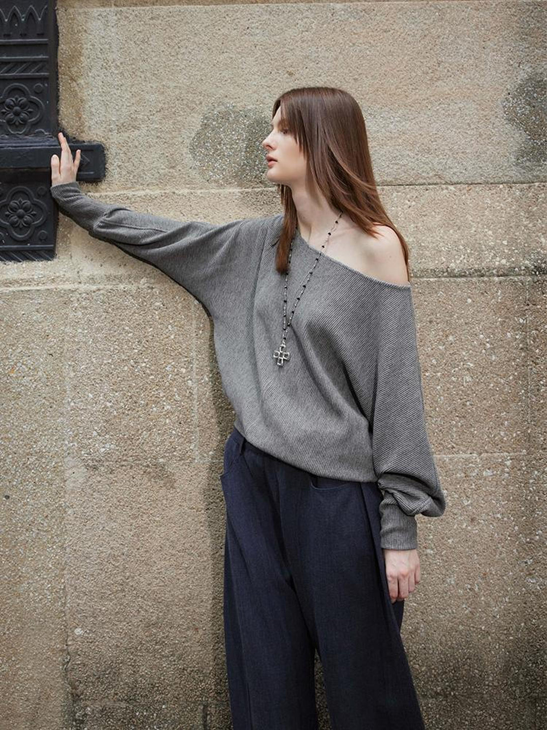 AFTADAWN Off Shoulder Embroidered Glitter Loose Fit Top