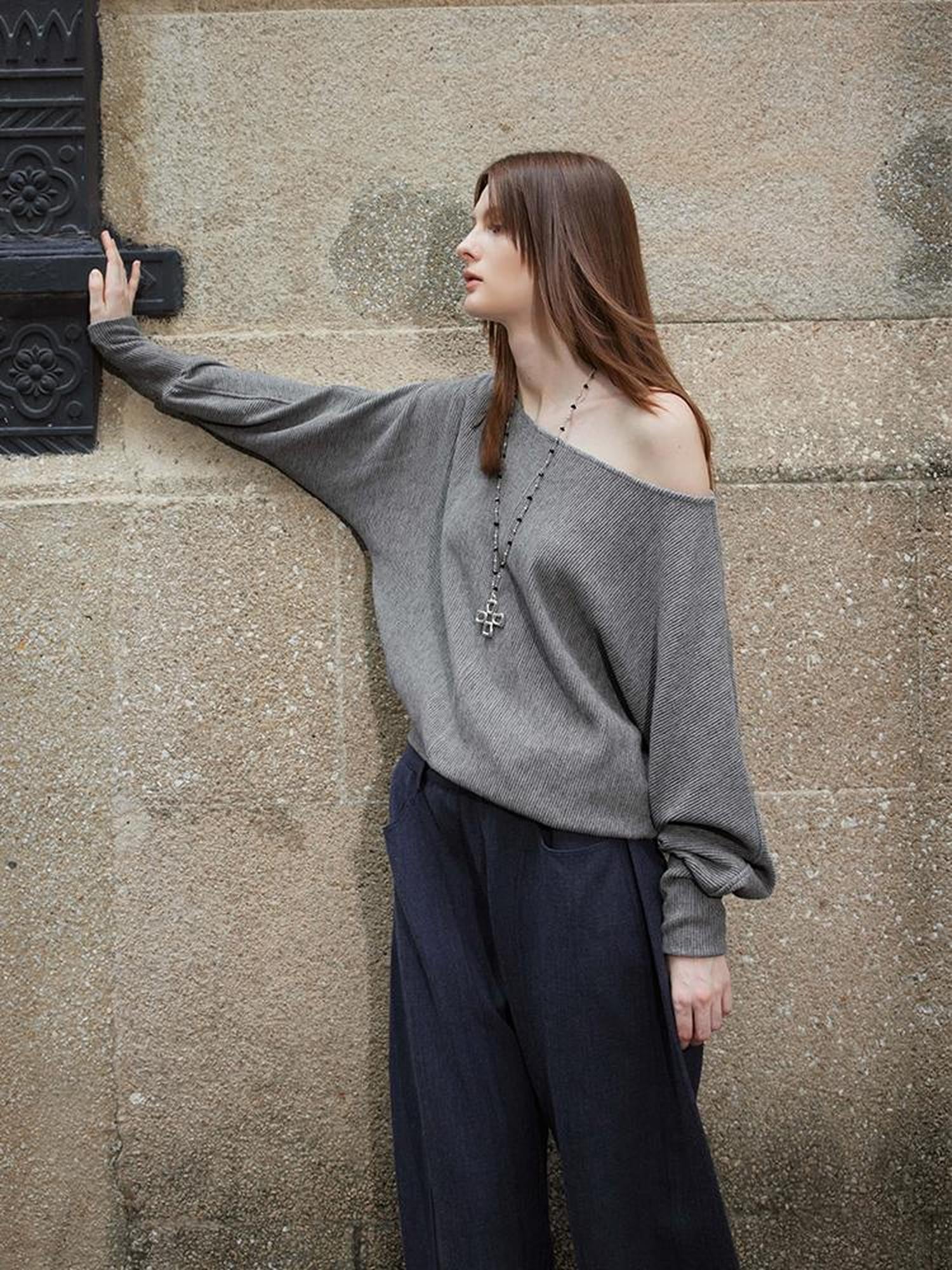 AFTADAWN Off Shoulder Embroidered Glitter Loose Fit Top