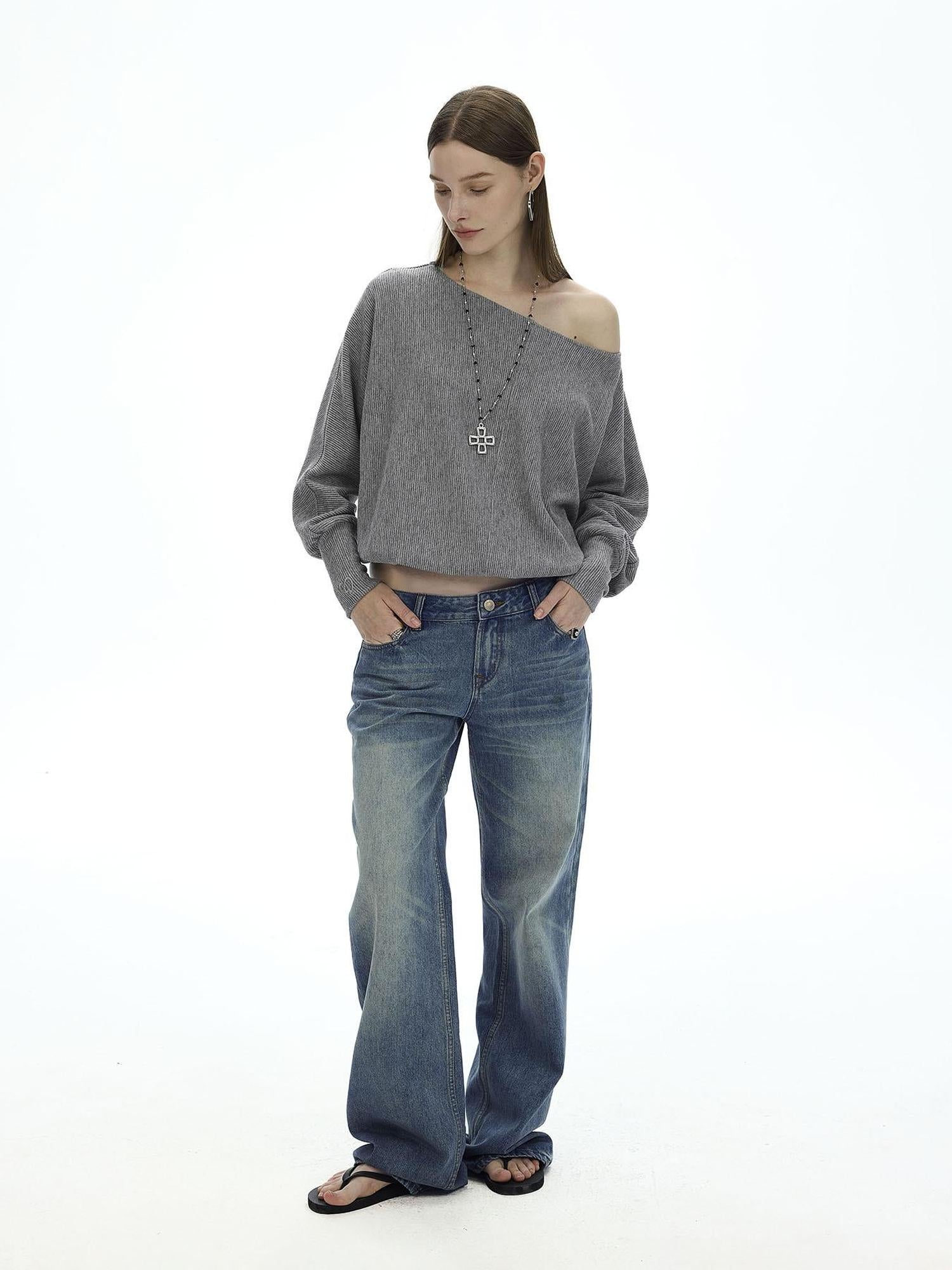 AFTADAWN Off Shoulder Embroidered Glitter Loose Fit Top
