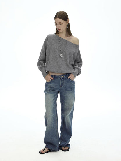 AFTADAWN Off Shoulder Embroidered Glitter Loose Fit Top
