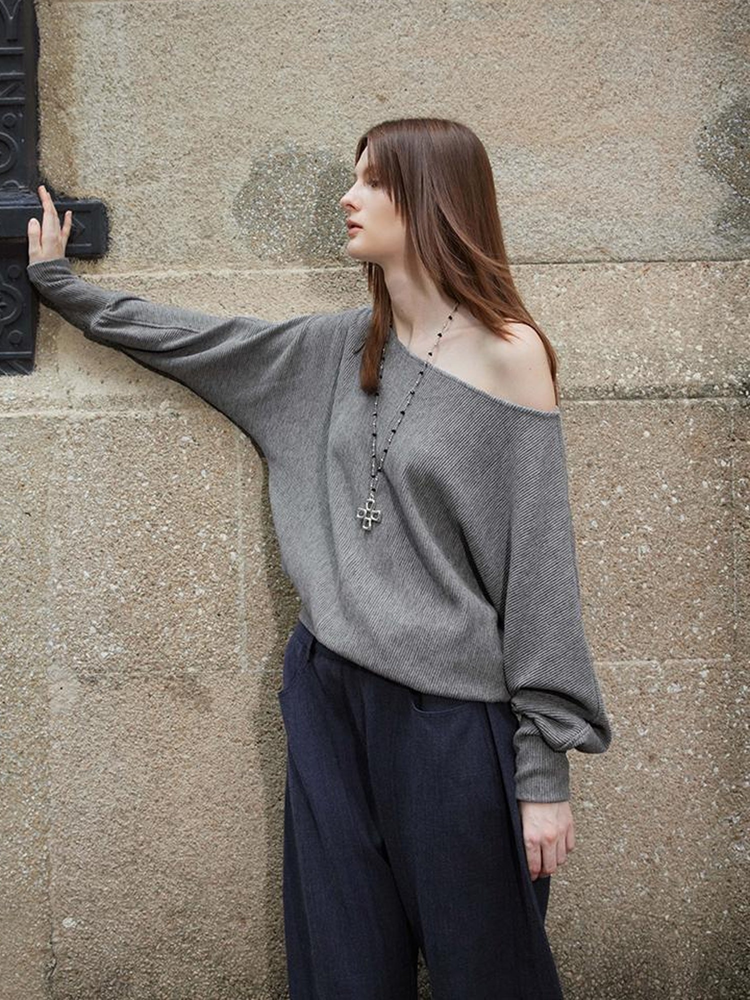 AFTADAWN Off Shoulder Embroidered Glitter Loose Fit Top