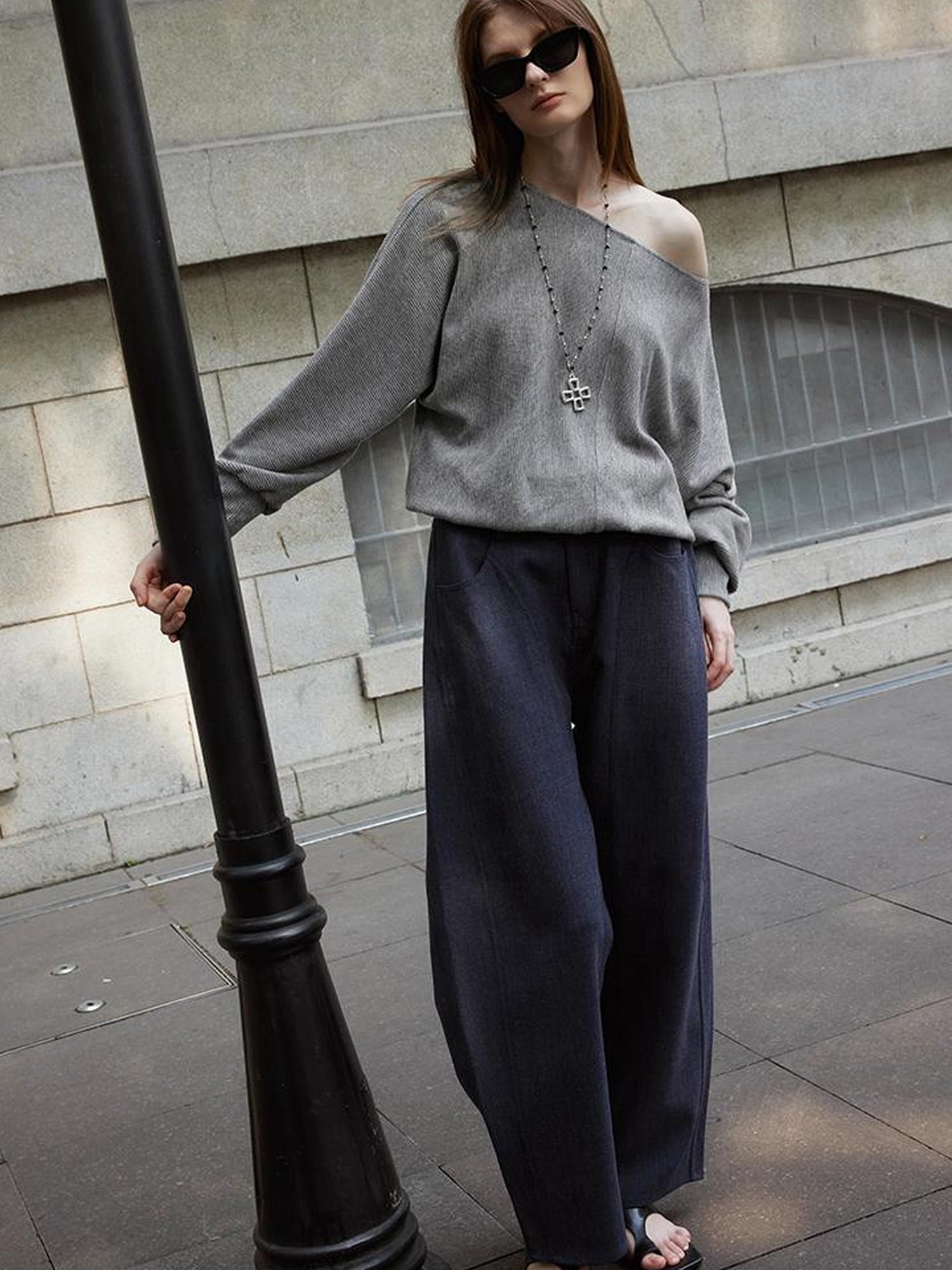 AFTADAWN Off Shoulder Embroidered Glitter Loose Fit Top