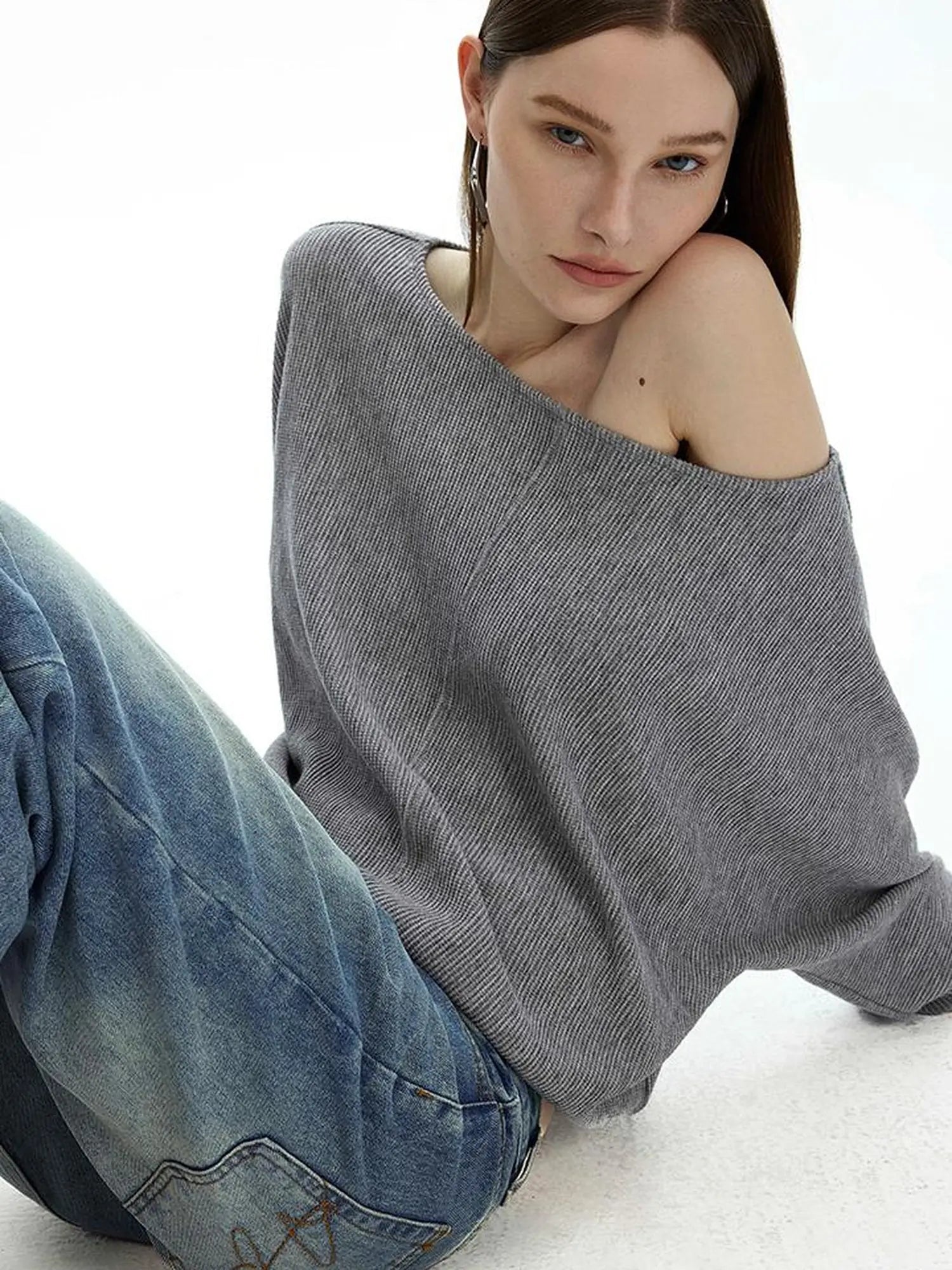 Off Shoulder Embroidered Glitter Loose Fit Top