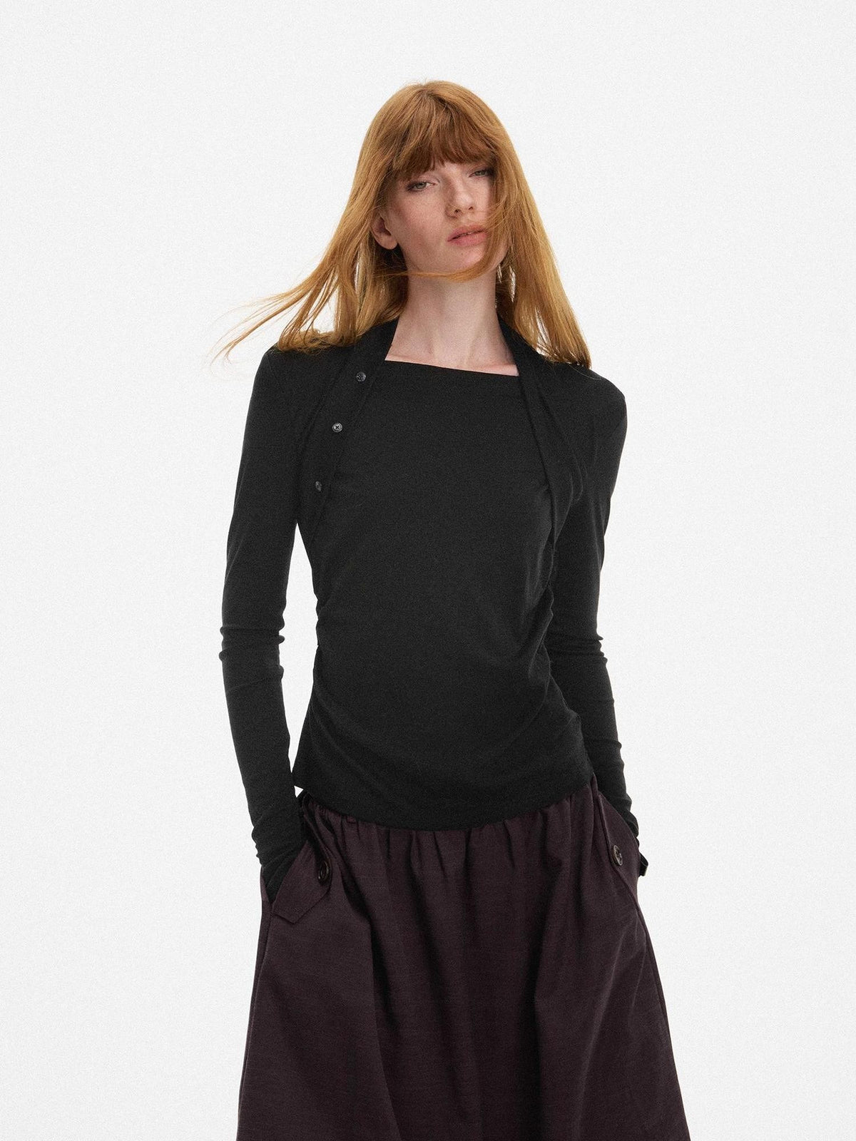 AFTADAWN Off Shoulder Faux Two Piece Pleated Wool Blend Women&