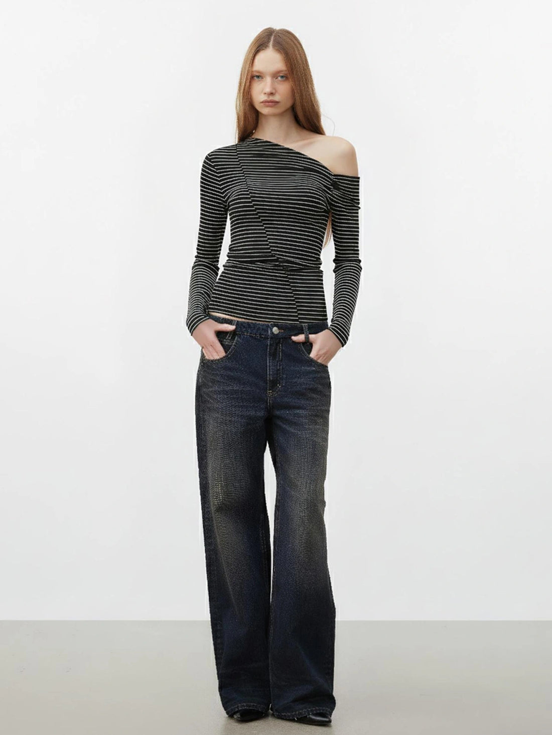 AFTADAWN Off Shoulder Ribbed Striped Long Sleeve T-shirt T-shirt