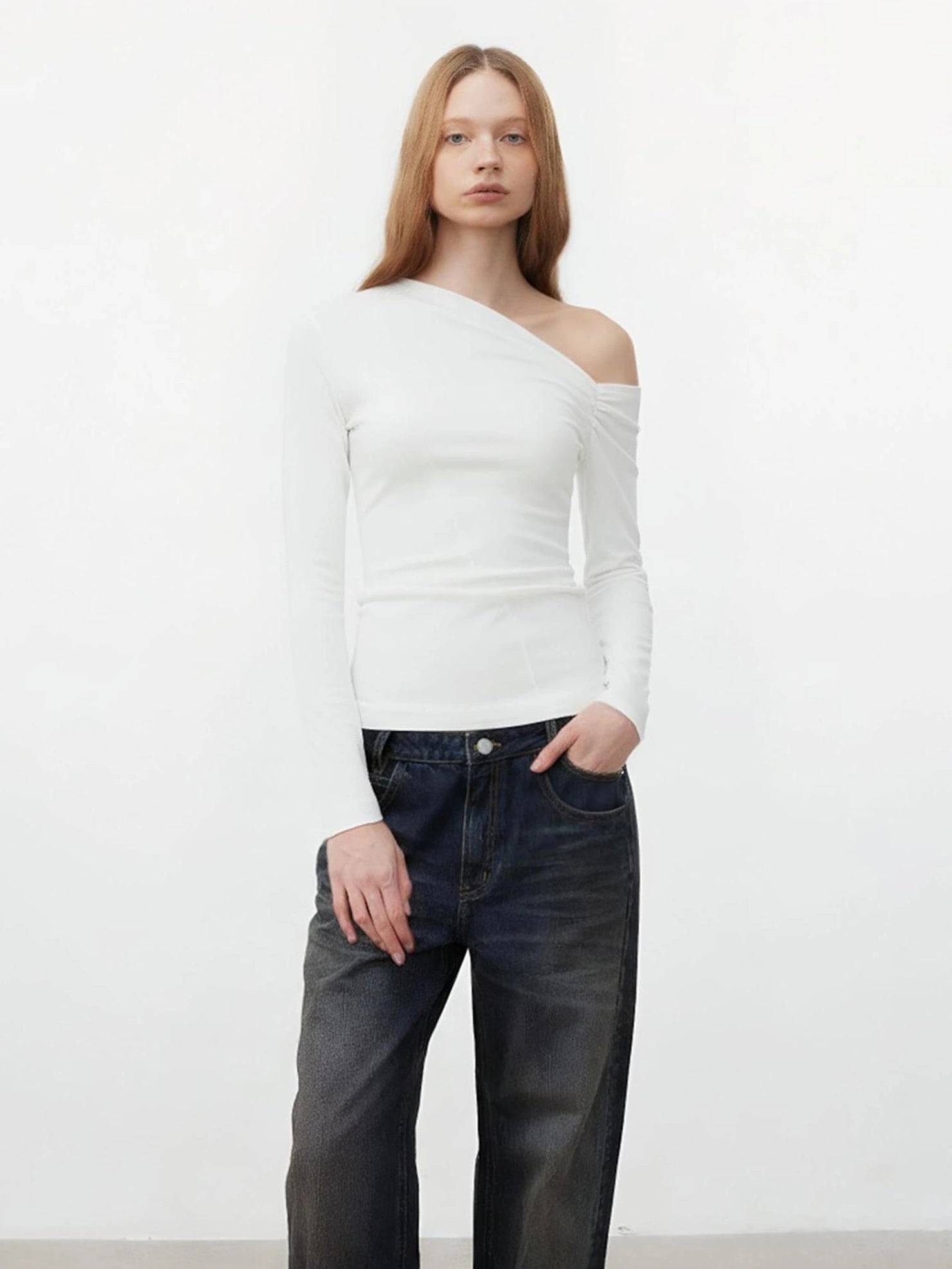 AFTADAWN Off Shoulder Ribbed Striped Long Sleeve T-shirt T-shirt