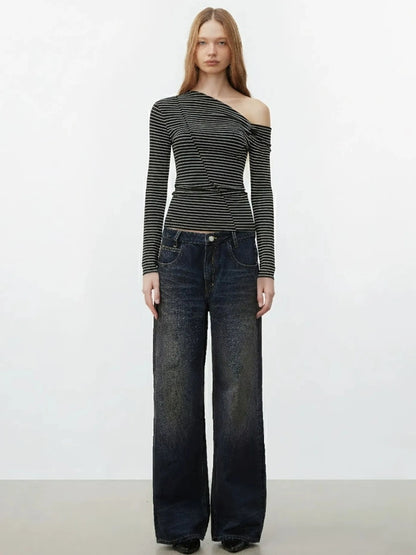 AFTADAWN Off Shoulder Ribbed Striped Long Sleeve T-shirt T-shirt