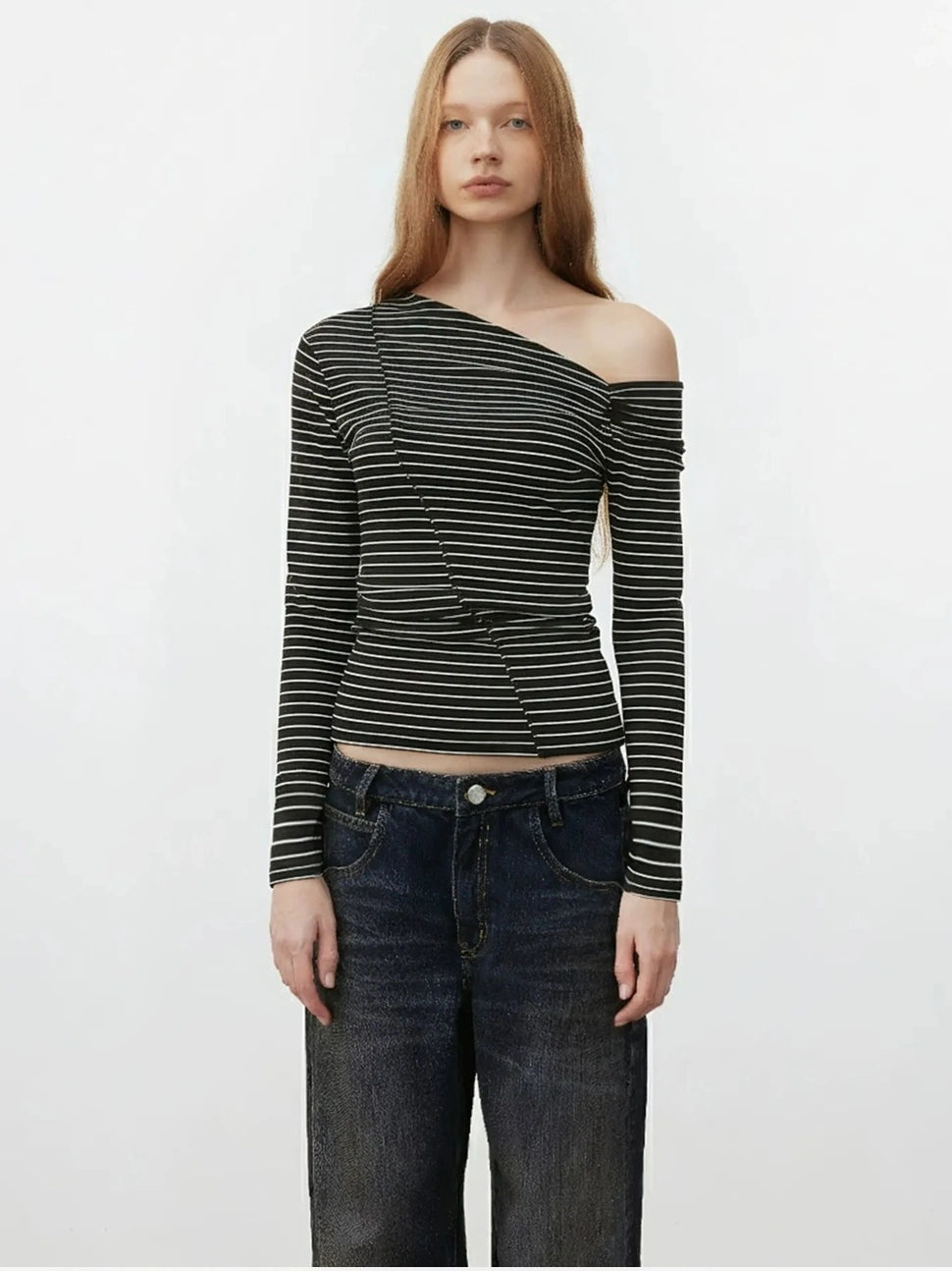 AFTADAWN Off Shoulder Ribbed Striped Long Sleeve T-shirt T-shirt