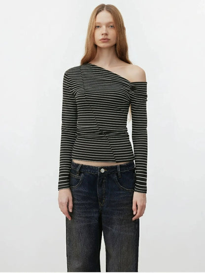 AFTADAWN Off Shoulder Ribbed Striped Long Sleeve T-shirt T-shirt