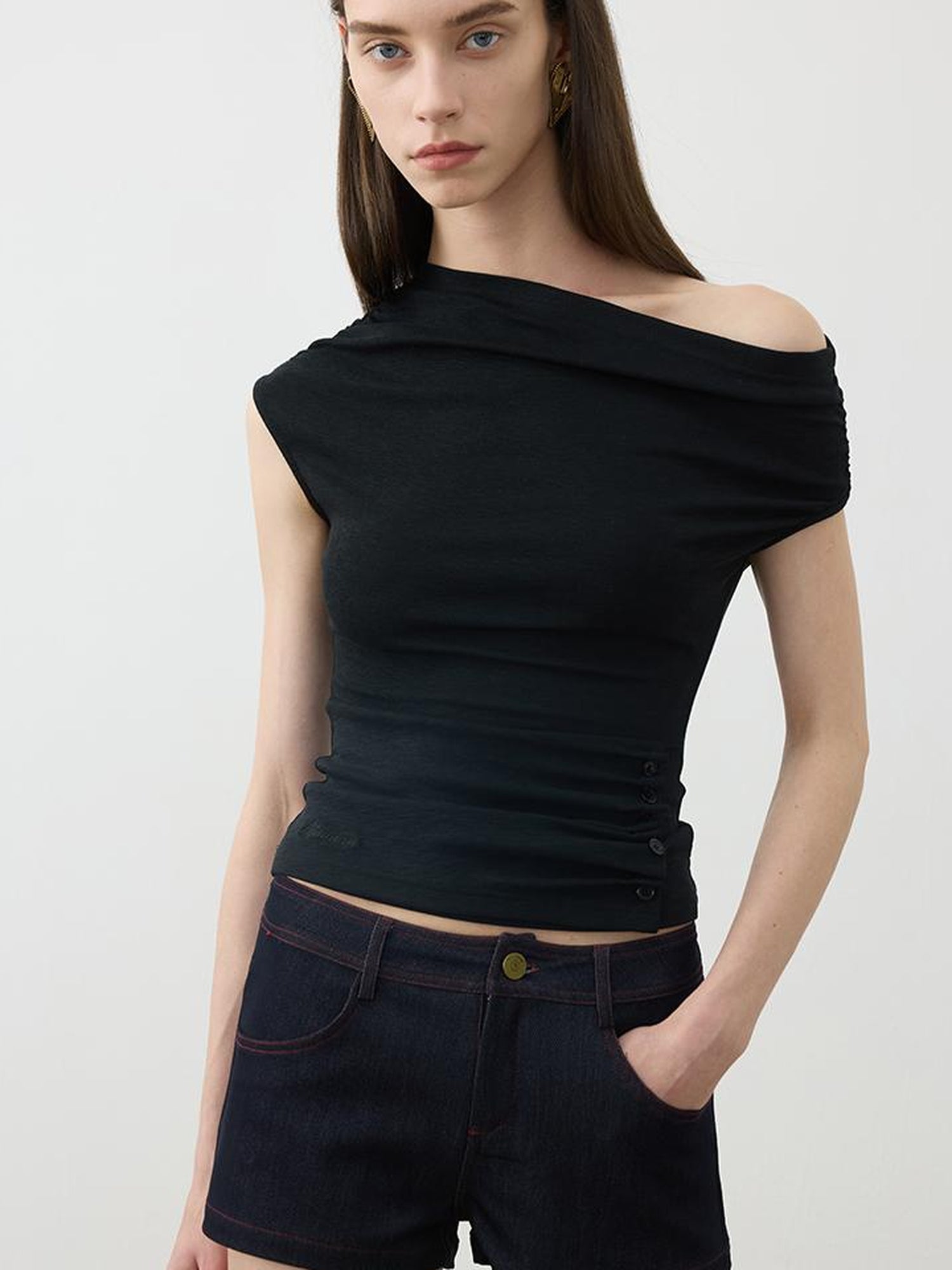 AFTADAWN Off Shoulder Ruched Waist Tee