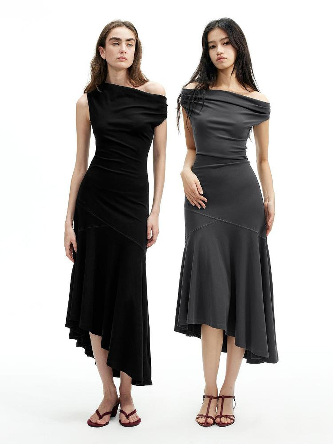 AFTADAWN Off Shoulder Slit Maxi Dress With Stretch Cotton Asymmetry