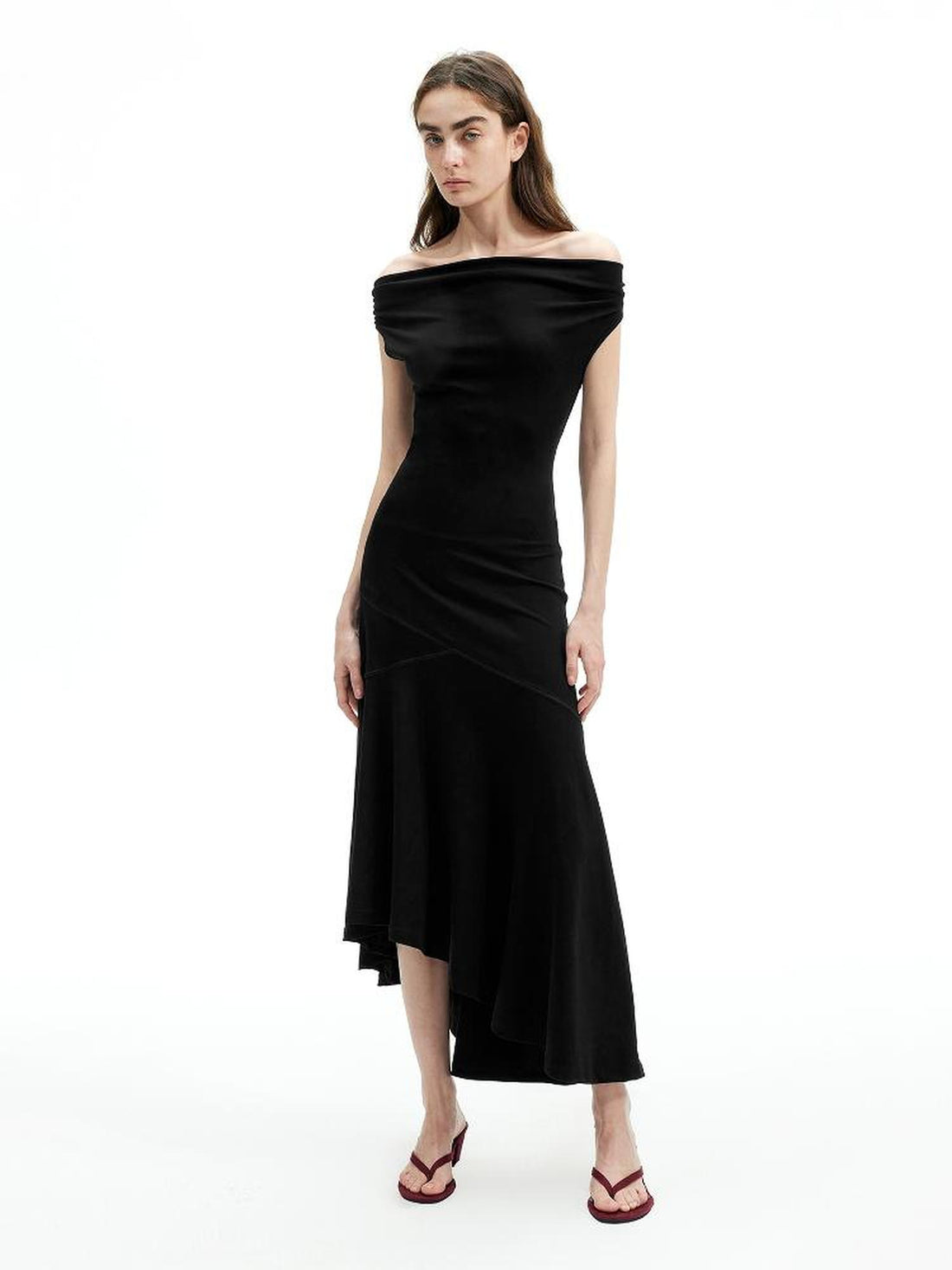 AFTADAWN Off Shoulder Slit Maxi Dress With Stretch Cotton Asymmetry