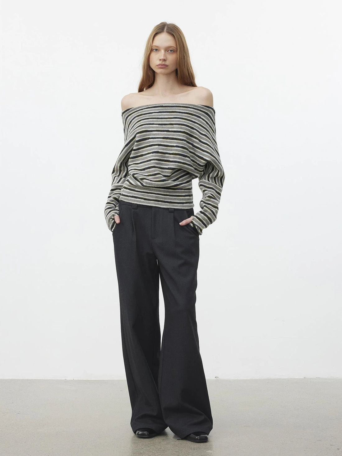 AFTADAWN Off Shoulder Striped Relaxed Knit Top Cardigan