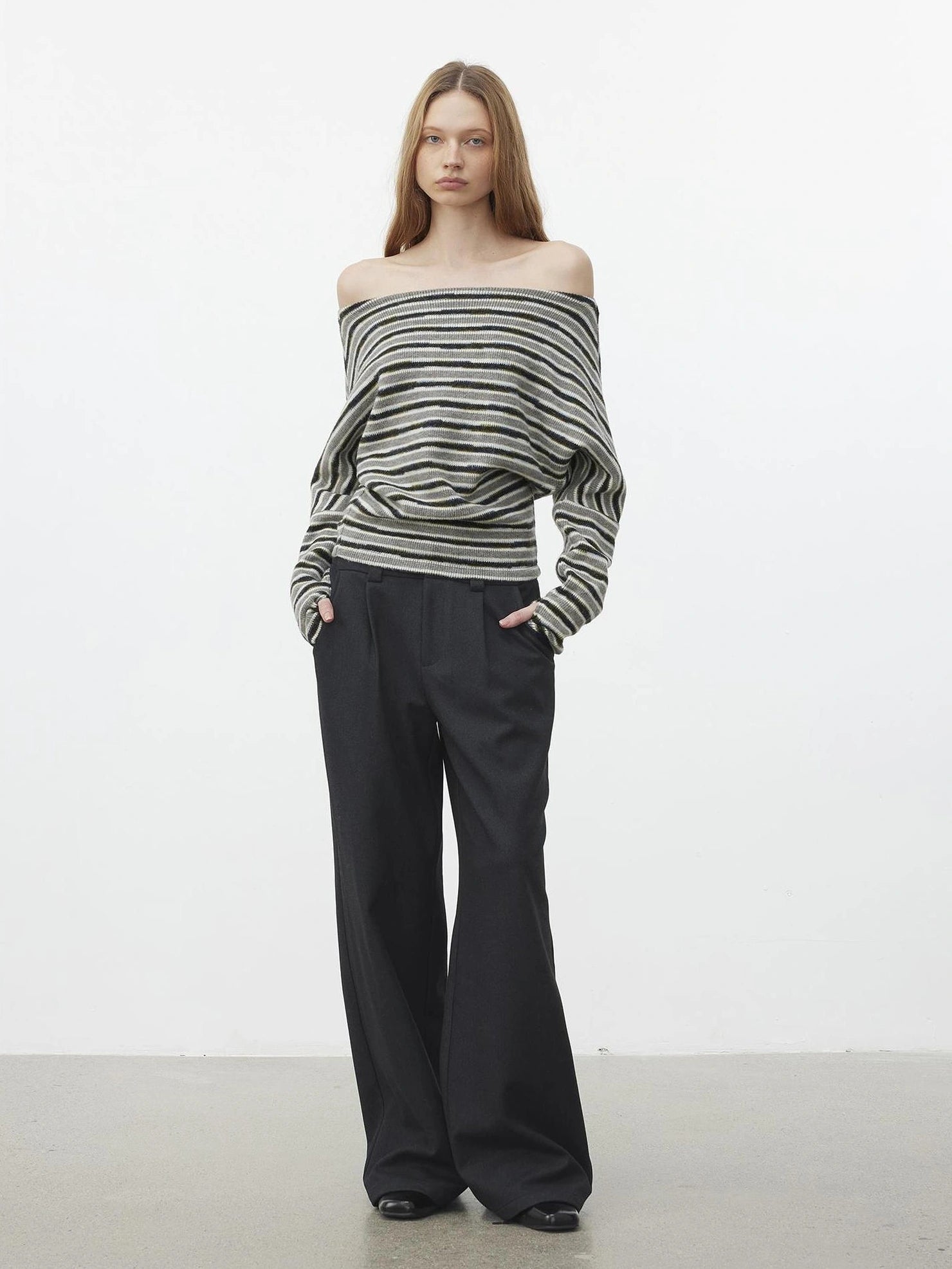AFTADAWN Off Shoulder Striped Relaxed Knit Top Cardigan