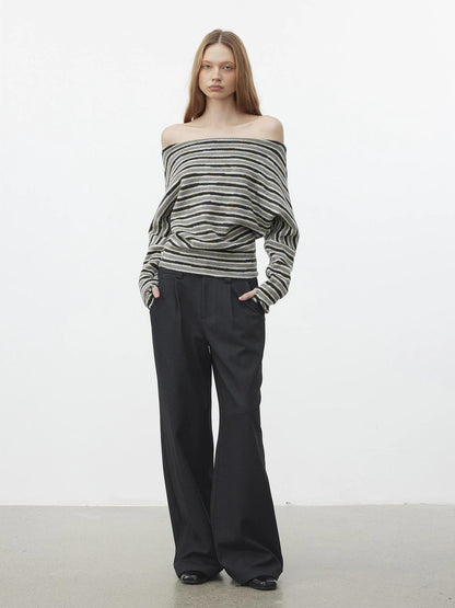 AFTADAWN Off Shoulder Striped Relaxed Knit Top Cardigan