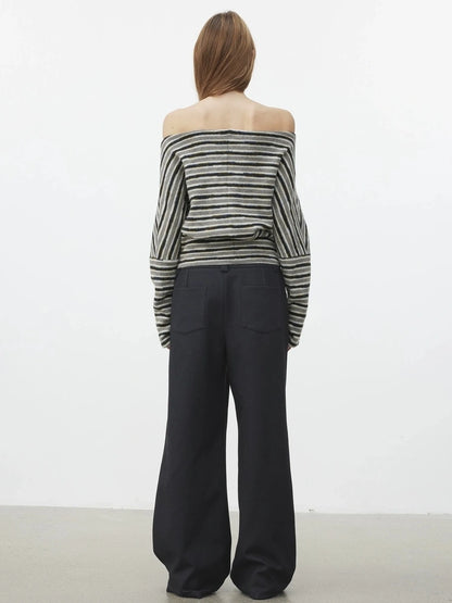 AFTADAWN Off Shoulder Striped Relaxed Knit Top Cardigan