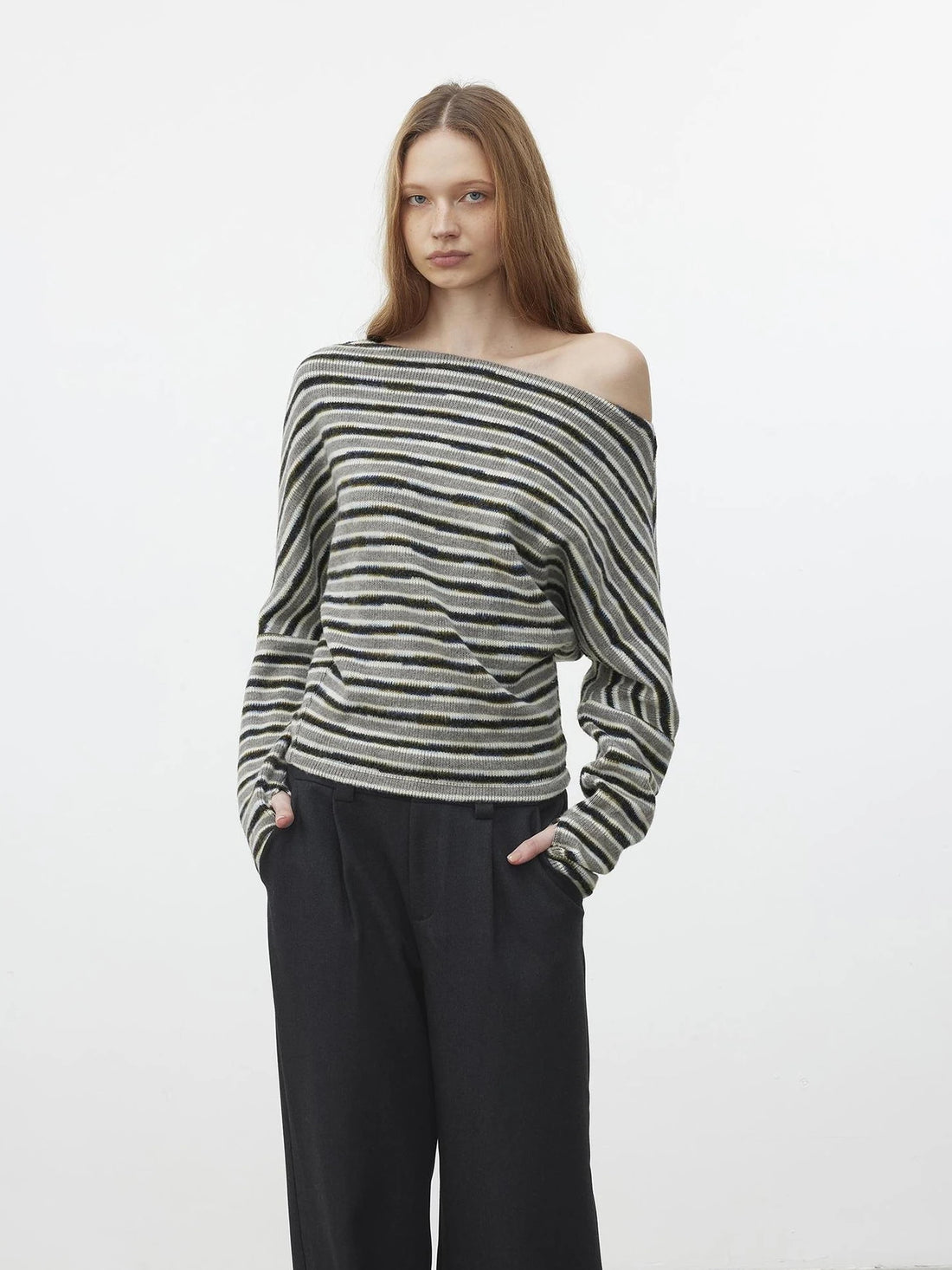 AFTADAWN Off Shoulder Striped Relaxed Knit Top Cardigan