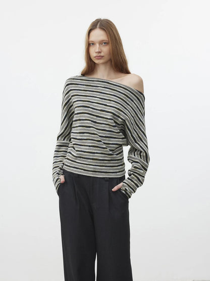 AFTADAWN Off Shoulder Striped Relaxed Knit Top Cardigan