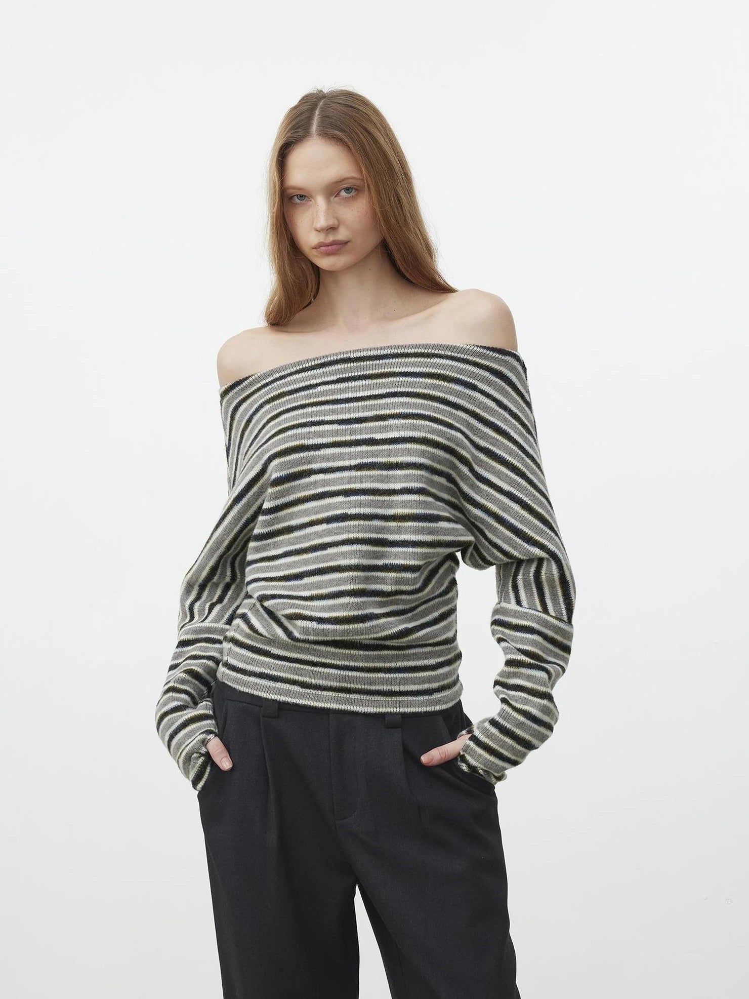 AFTADAWN Off Shoulder Striped Relaxed Knit Top Cardigan