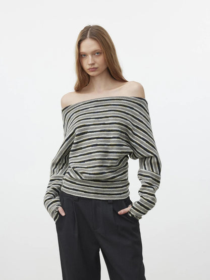 AFTADAWN Off Shoulder Striped Relaxed Knit Top Cardigan