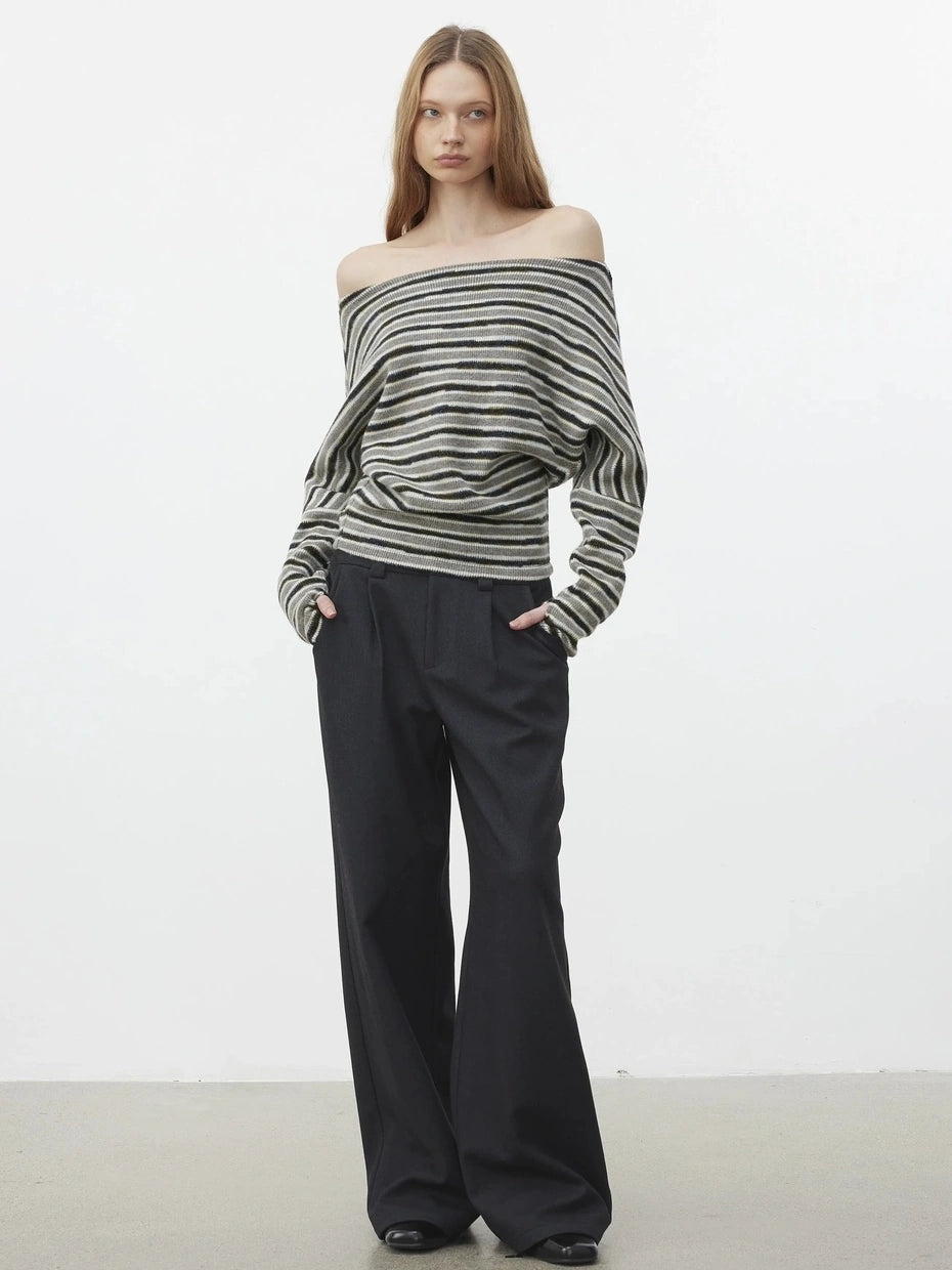 AFTADAWN Off Shoulder Striped Relaxed Knit Top Cardigan