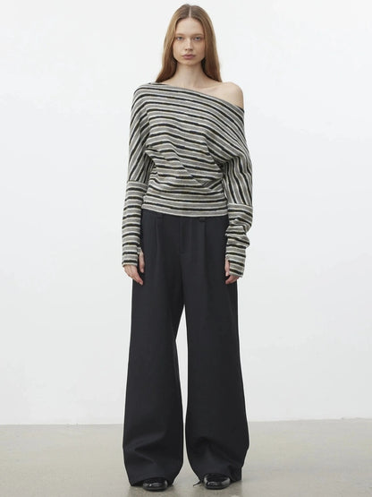 AFTADAWN Off Shoulder Striped Relaxed Knit Top Cardigan