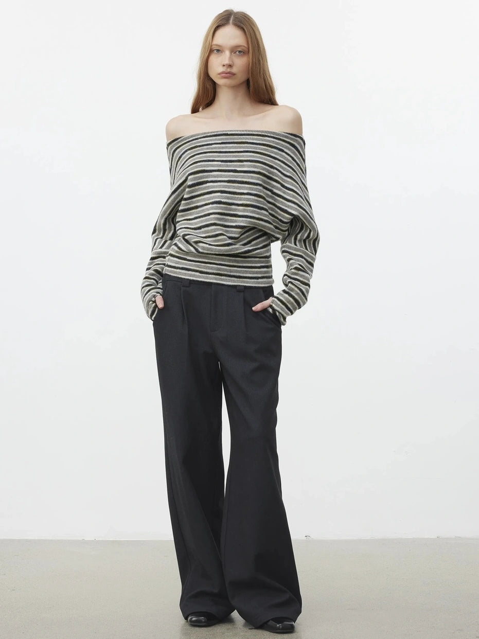 AFTADAWN Off Shoulder Striped Relaxed Knit Top Cardigan