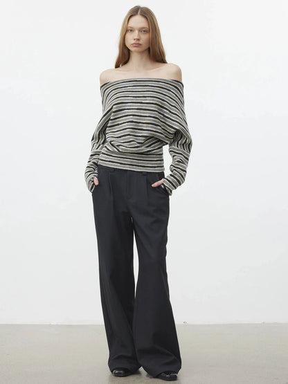 AFTADAWN Off Shoulder Striped Relaxed Knit Top Cardigan