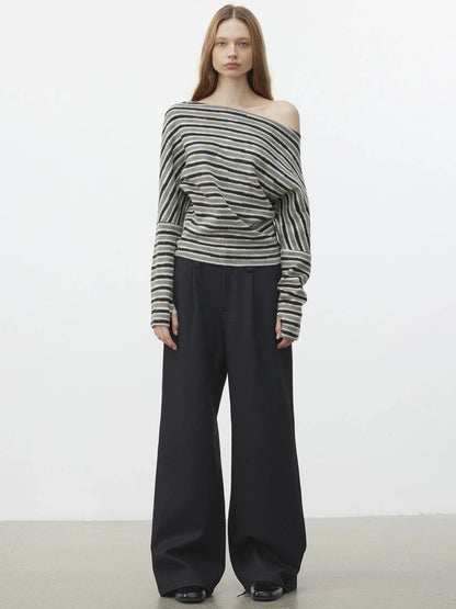 AFTADAWN Off Shoulder Striped Relaxed Knit Top Cardigan