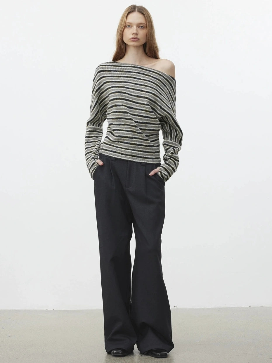 AFTADAWN Off Shoulder Striped Relaxed Knit Top Cardigan