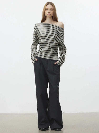 AFTADAWN Off Shoulder Striped Relaxed Knit Top Cardigan