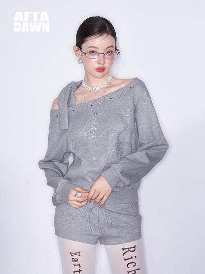 AFTADAWN Off Shoulder Studded Rhinestone Women&