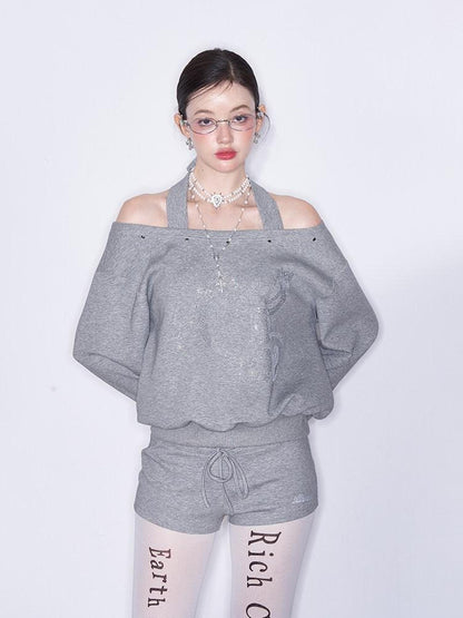 AFTADAWN Off Shoulder Studded Rhinestone Women&