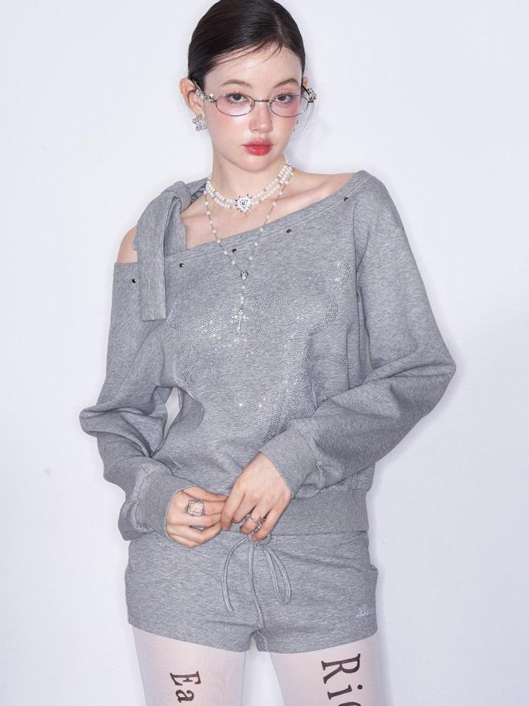 AFTADAWN Off Shoulder Studded Rhinestone Women&