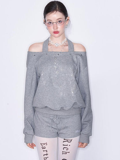 AFTADAWN Off Shoulder Studded Rhinestone Women&
