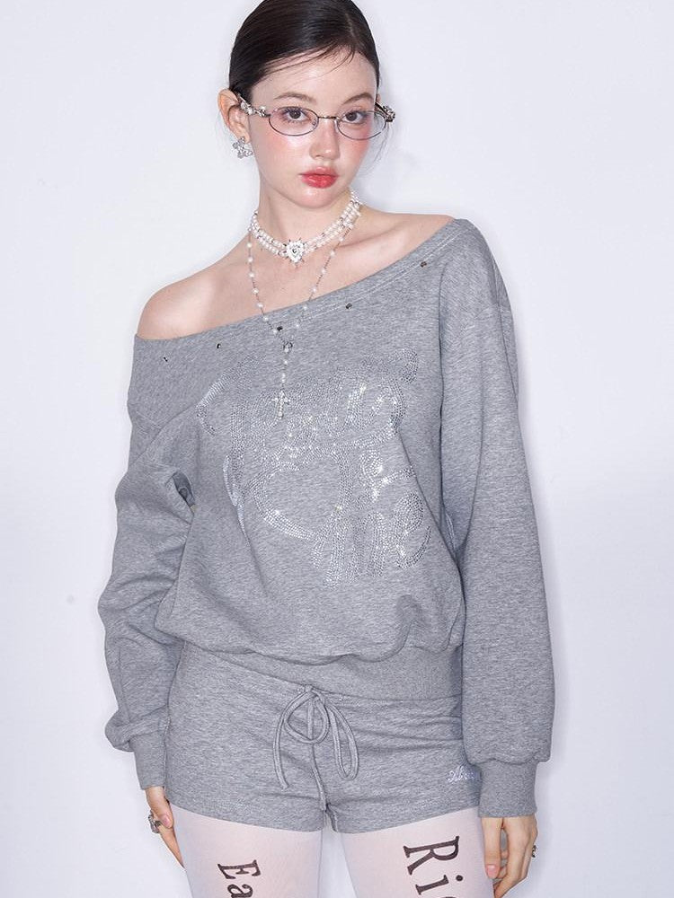 AFTADAWN Off Shoulder Studded Rhinestone Women&