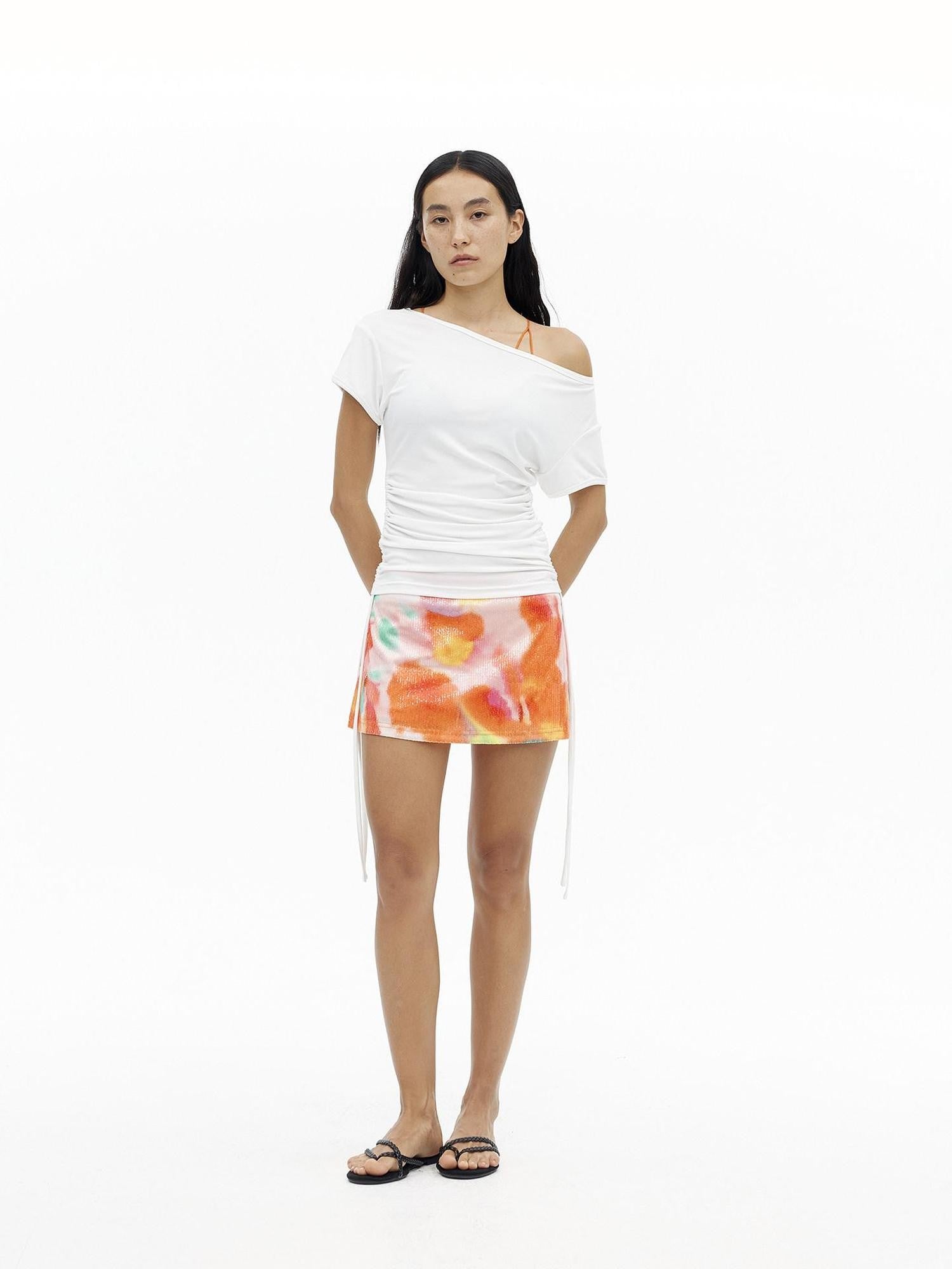 AFTADAWN Oil Painting Print Sequin Low Waist Slim Women&