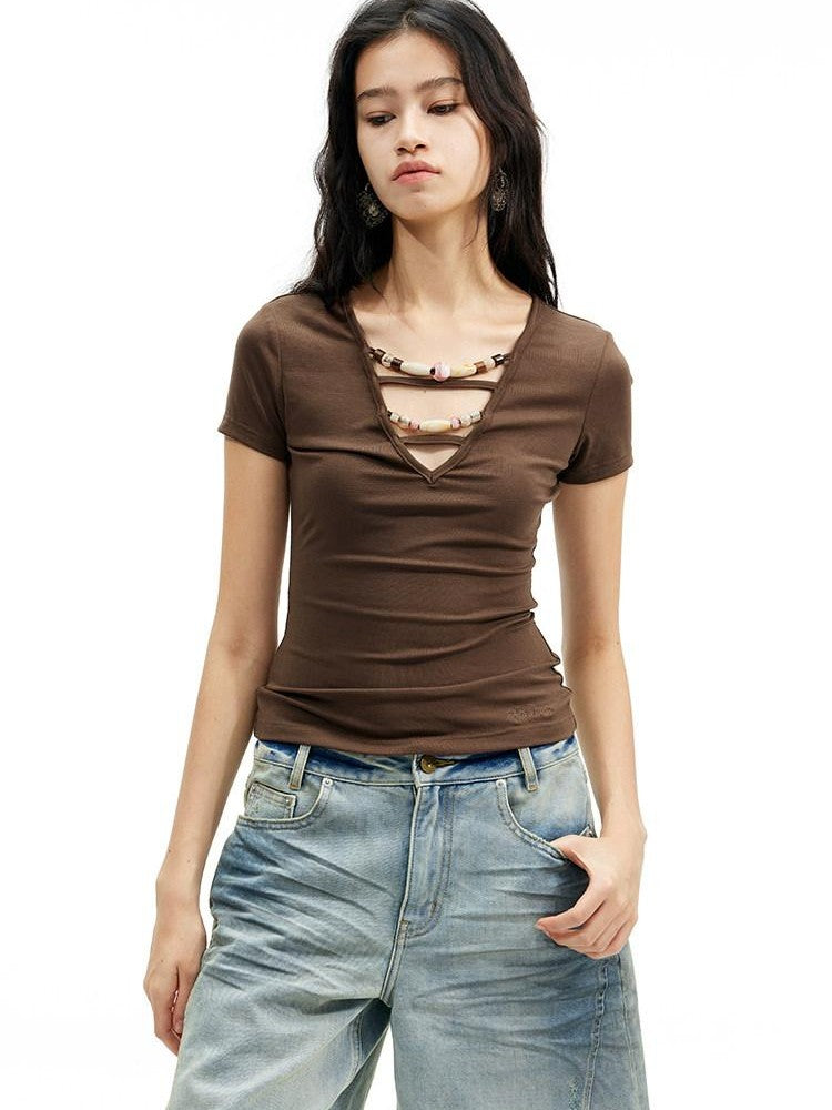 AFTADAWN Ombre Beaded Cutout Deep V Slim Fit Women&