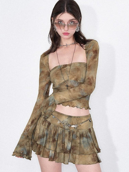 AFTADAWN Ombre Mesh Ruffle Hem Floral Print Women&