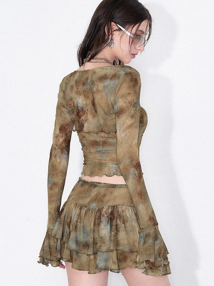 AFTADAWN Ombre Mesh Ruffle Hem Floral Print Women&