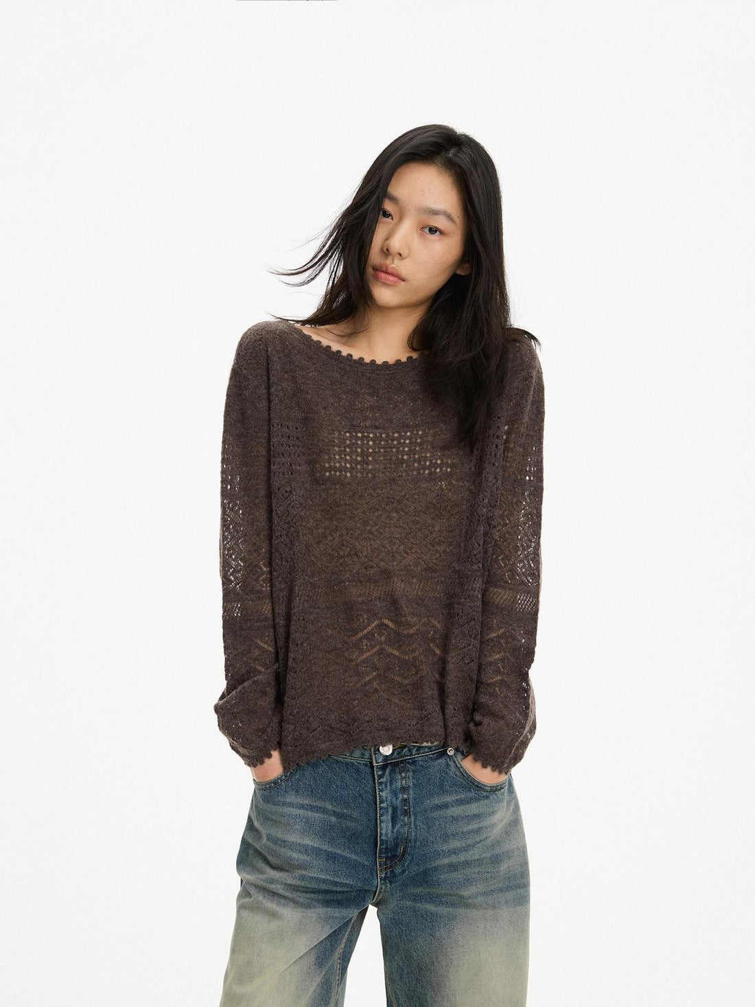 AFTADAWN Open Knit Boat Neck Lace Trim Women&