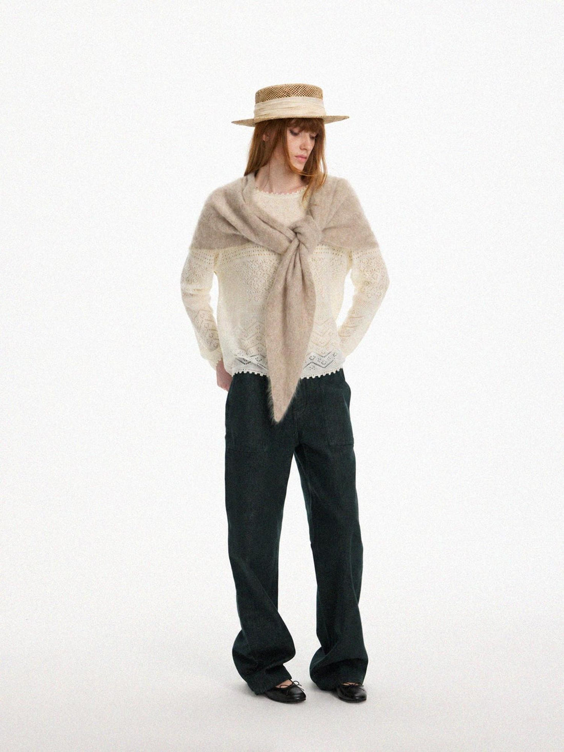 AFTADAWN Open Knit Boat Neck Lace Trim Women&
