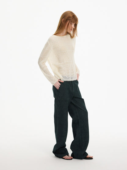 AFTADAWN Open Knit Boat Neck Lace Trim Women&