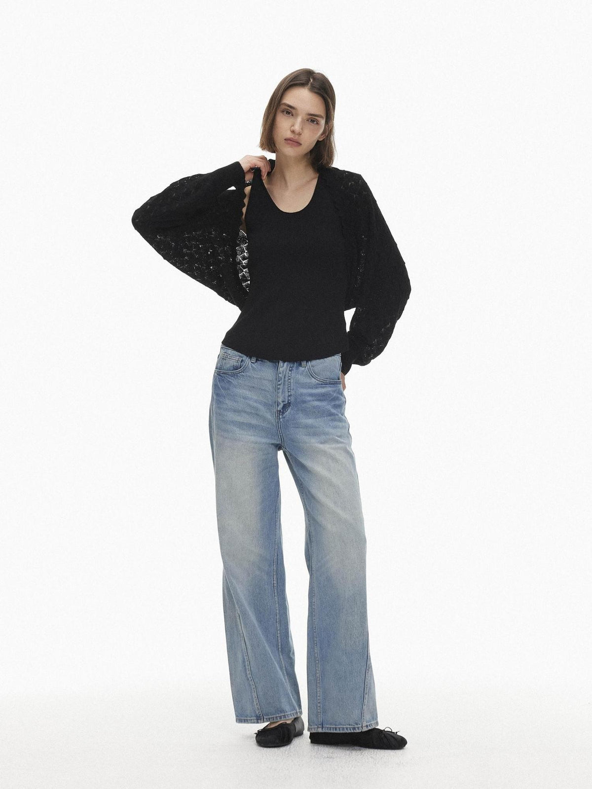 AFTADAWN Openwork Textured Loose Batwing Sleeve Wool Women&
