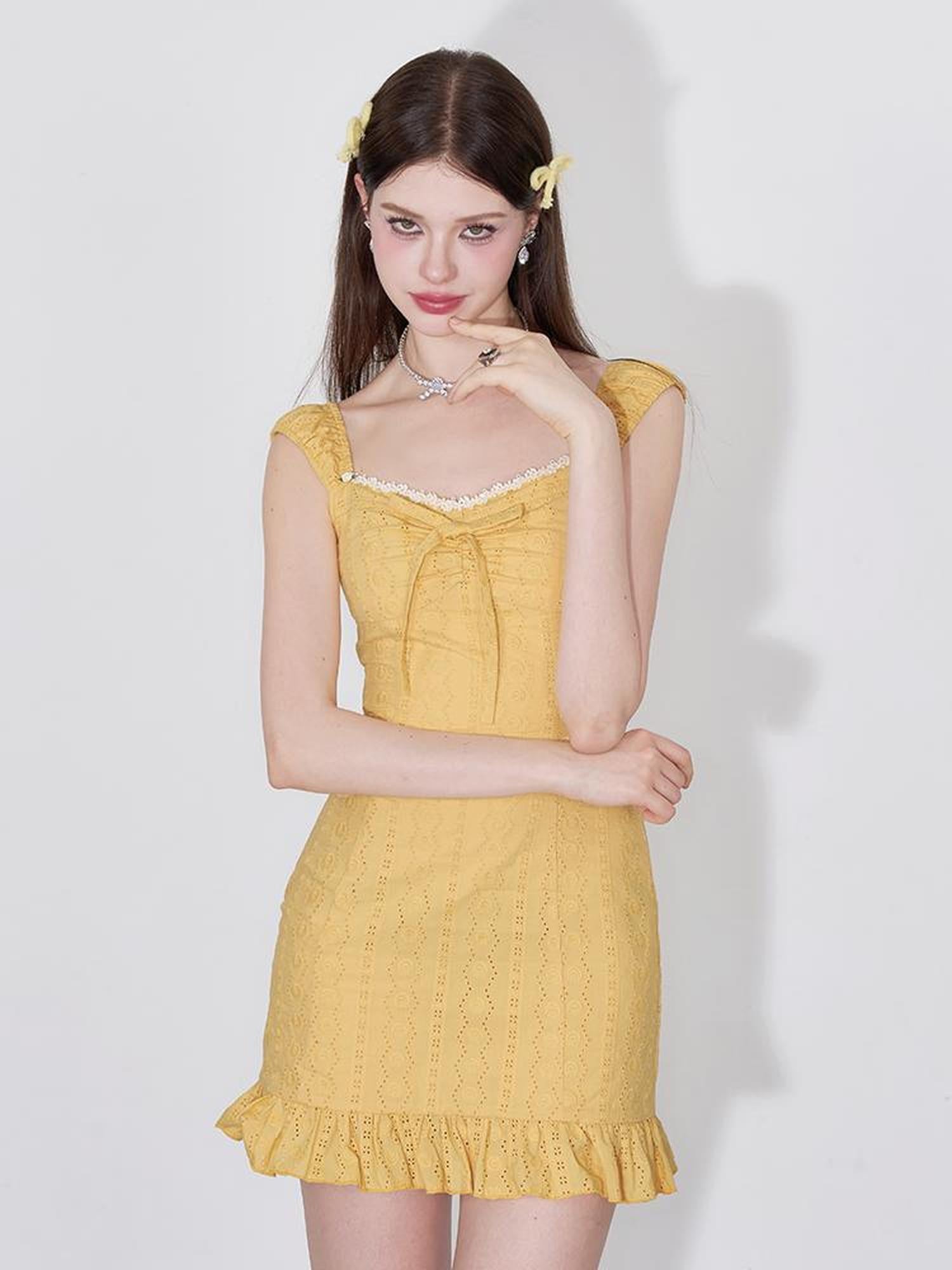 AFTADAWN Orange Glow Embroidered Cutout Flounce Hem Sundress