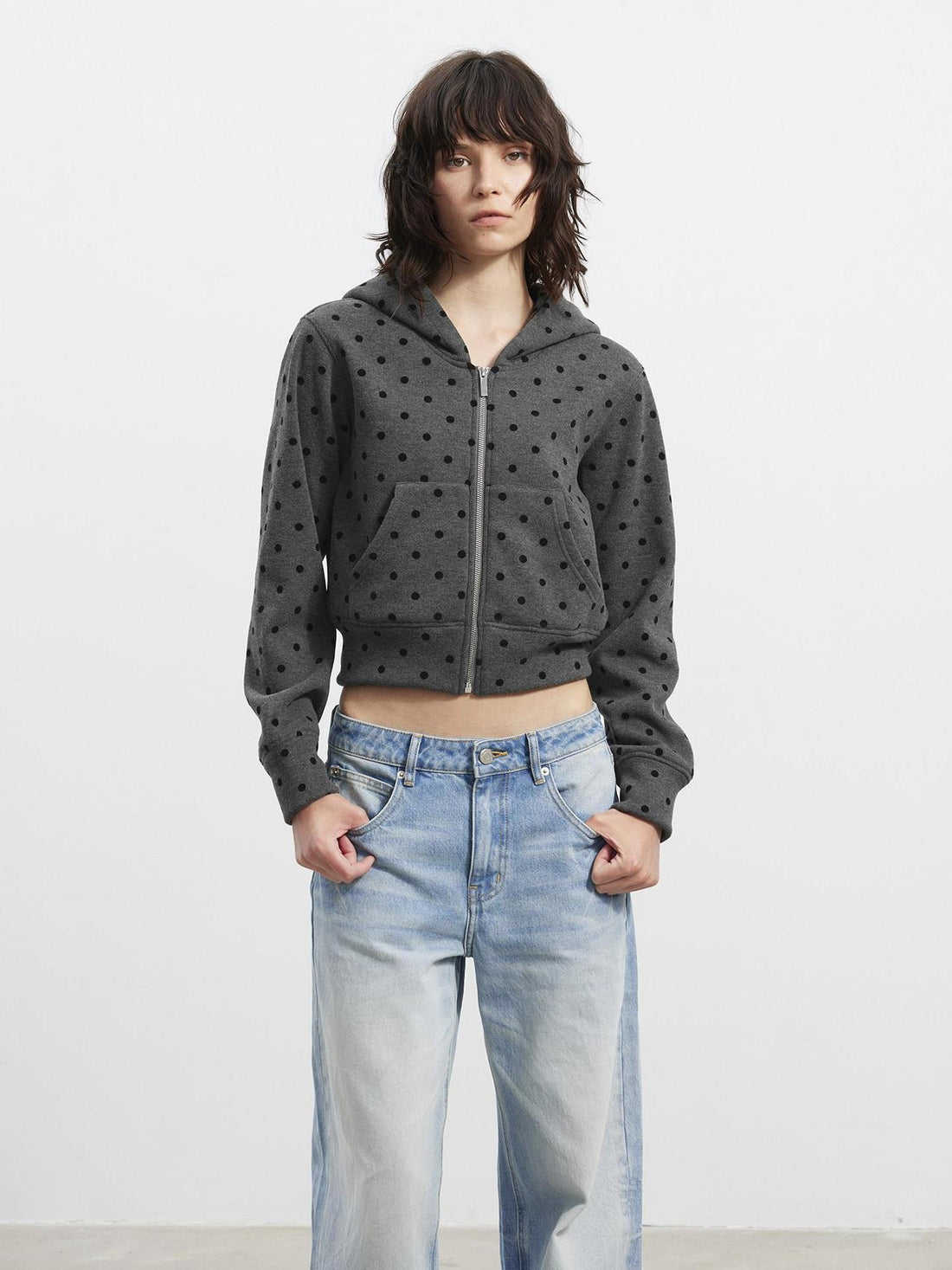 AFTADAWN Organic Cotton Slim Fit Hooded Zip Pockets Cropped Women Grey Polka Dot Hoodies