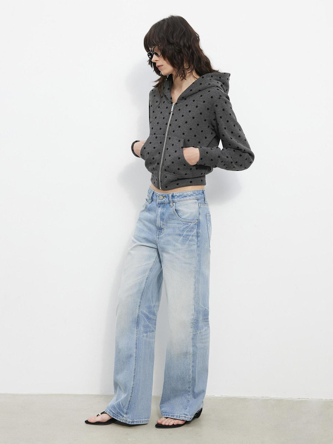 AFTADAWN Organic Cotton Slim Fit Hooded Zip Pockets Cropped Women Grey Polka Dot Hoodies