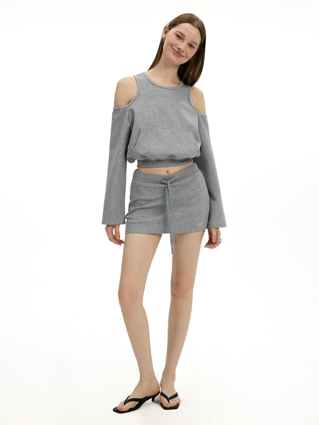 AFTADAWN Oversized Shoulder Cutout Hoodie Bodycon Skirt Set