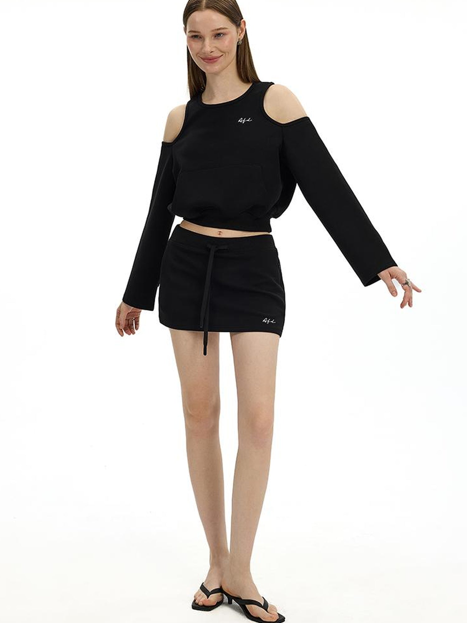 AFTADAWN Oversized Shoulder Cutout Hoodie Bodycon Skirt Set