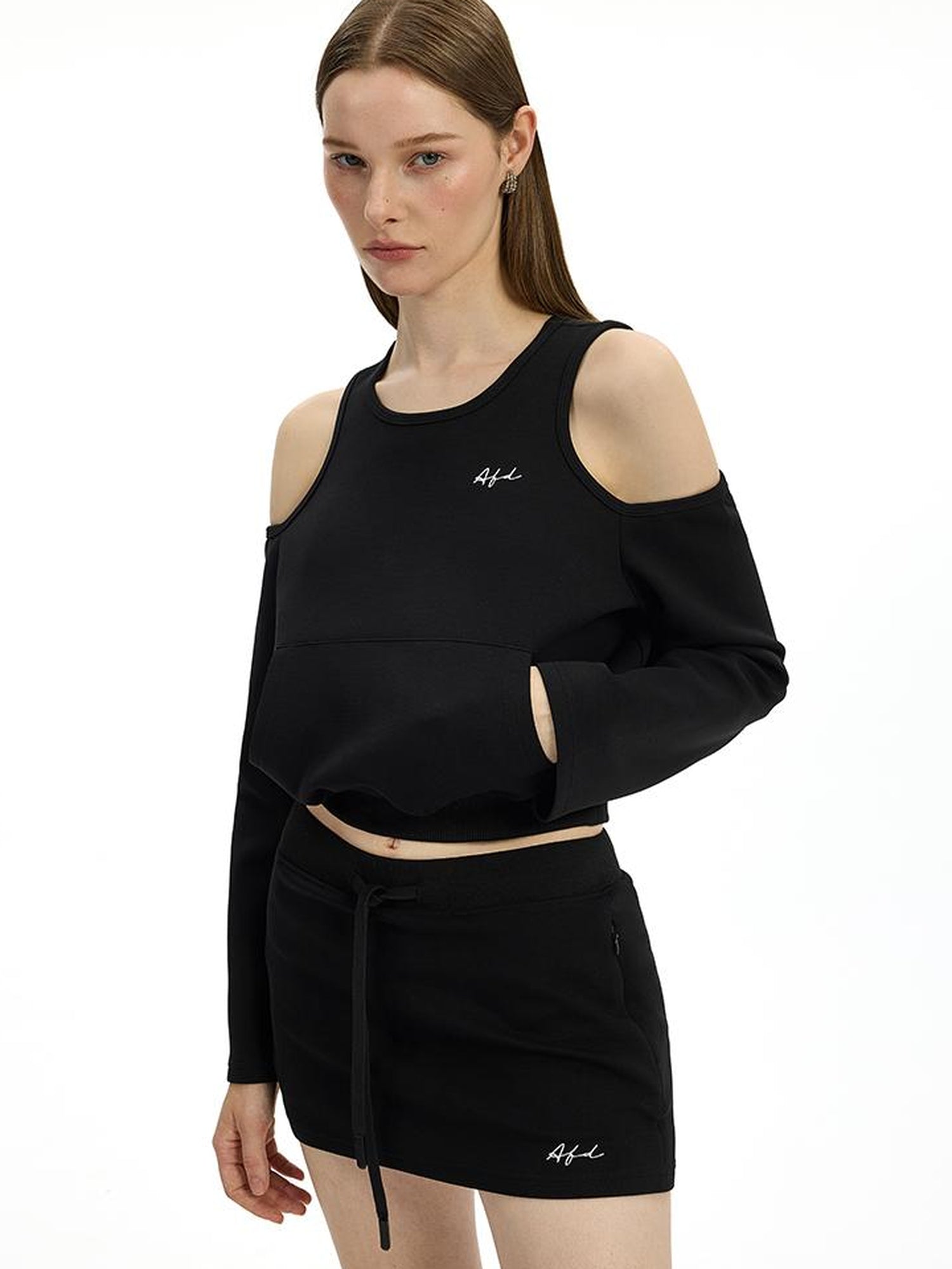 AFTADAWN Oversized Shoulder Cutout Hoodie Bodycon Skirt Set